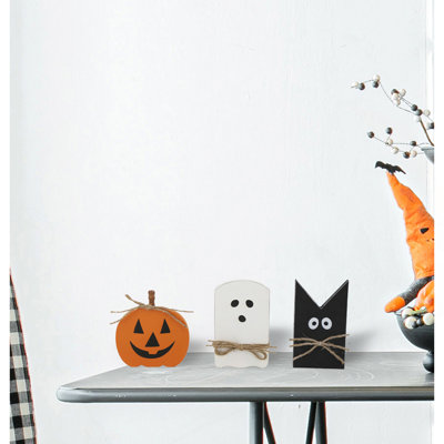 Set Of 3 Halloween Holiday Table Decor, White: 4.8X8"  Black: 4.5X8"  Orange: 6.7X7"