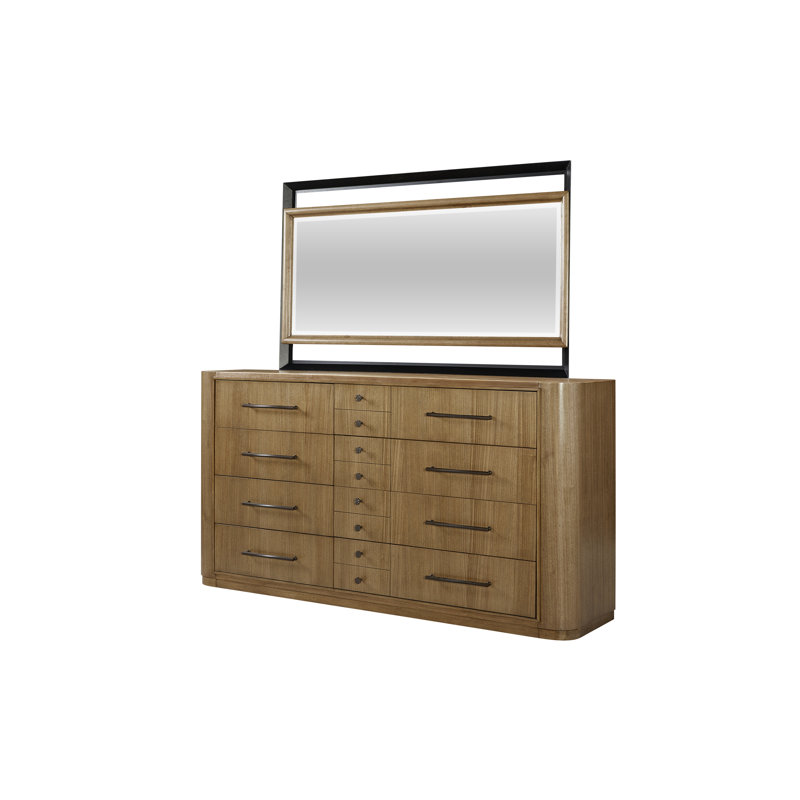 Ensemble de chambre à coucher 4 pièces Carstens - Lit tapissier, commode 8 tiroirs, table de chevet et miroir de paysage en pierre, disponible en très grand et grand