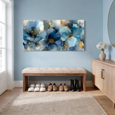 Ensemble de 1 tableau sur toile à motifs floraux abstraits bleus et accents dorés