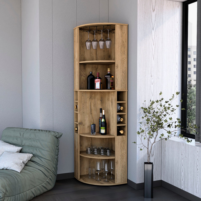 Aumuller Corner Bar Cabinet - 5 Shelves For Organized Living Natural Wood, 8 Wine Bottle Holders 5 Storage Room Essential Brown Finish, 13