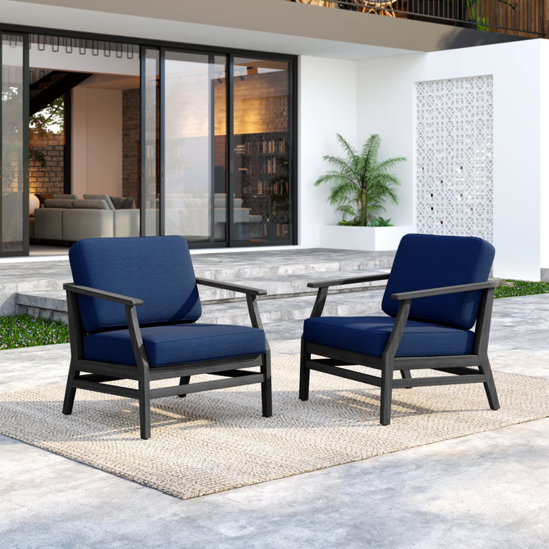 Clinkscales Solid Wood Teak Outdoor Lounge Chair With Cushion And Arms, Navy, Black