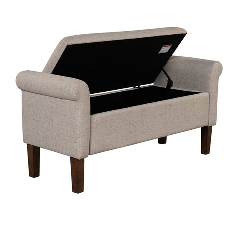 Banc de rangement avec grand plateau de rangement rabattable, roulé, tissu à 100%, structure en bois massif, pieds à finition noyer moyen, l 46 po x P 17,5 po H 22 po, mécanisme de coffre rembourré en mousse d'une capacité de 400 lb, H 22 po
