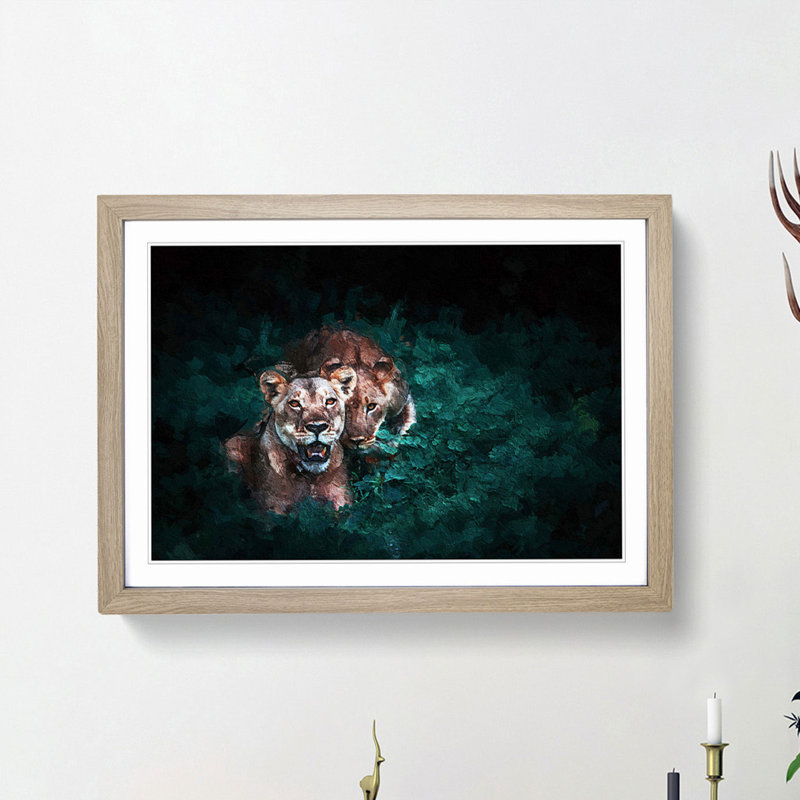 Two Lions in the Shadows - Picture Frame Painting Print, Oak Framed, 27cm H x 36cm W x 2cm D