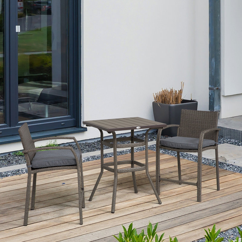 Outsunny 3 PCS Rattan Wicker Bar Set with Wood Grain Top Table and 2 Bar Stools