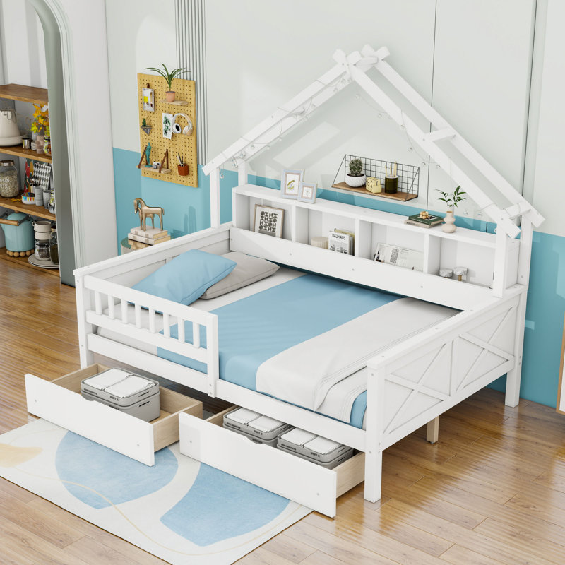 Full Wooden House Platform Bed with 2 Drawers and Shelves, White