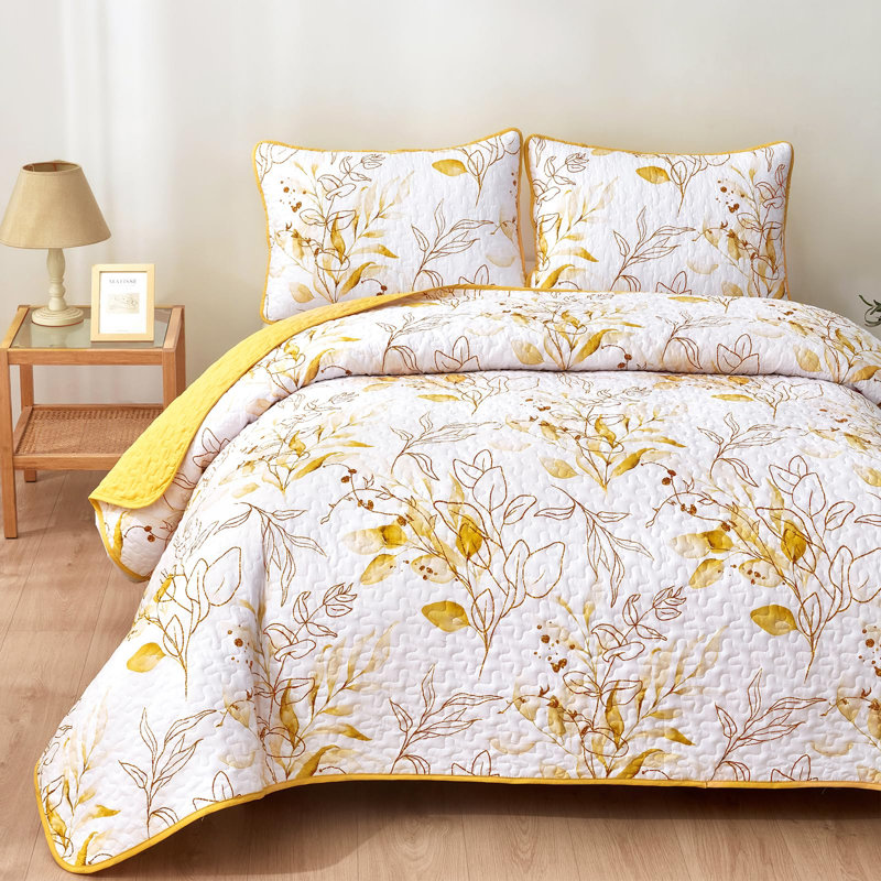 Ensemble de courtepointe 3 pièces à motif floral en microfibre légère toutes saisons, Jaune