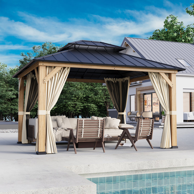 D Pavillon de jardin en bois massif avec double toit, moustiquaire et rideaux, H 120 po x l 156 po x P 132 po