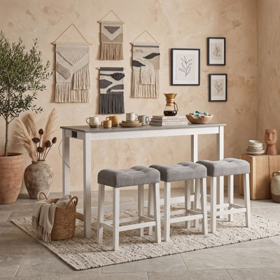 Ensemble de table de bar rectangulaire en bois avec 3 tabourets rembourrés et ports de chargement