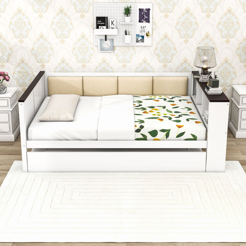 Wooden Daybed with Integrated USB Charging Station, Pull-Out Twin Trundle and Shelves, Full
