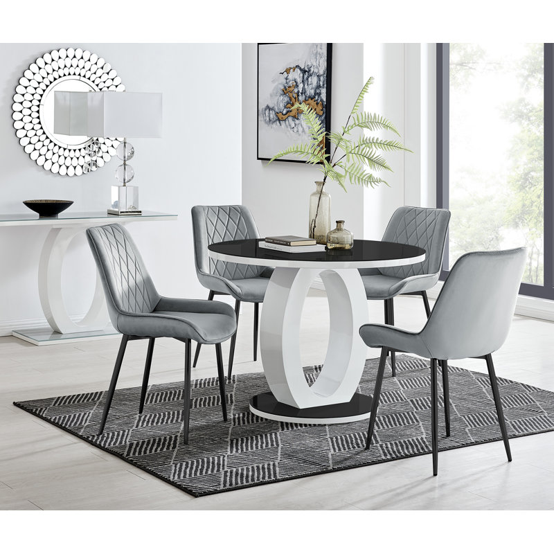 Scottsmoor 4 Seater High Gloss Round Dining Table Set with 4 Luxury Velvet Upholstered Dining Chairs, Black, Navy/Black