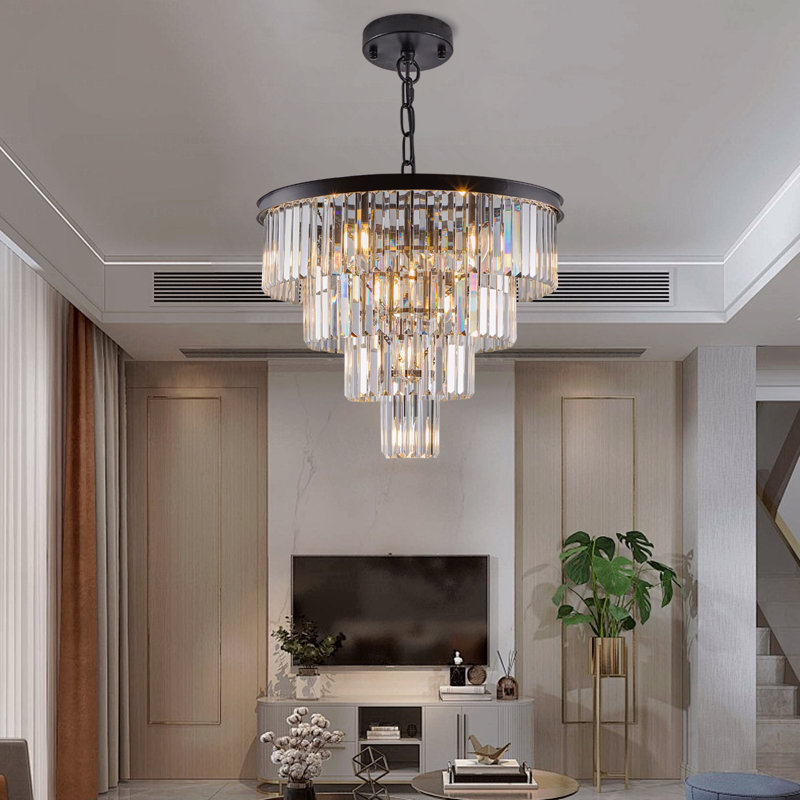 Lustre en cristal de style contemporain moderne de 24 po de diamètre à 4 niveaux avec éclairage au fini noir