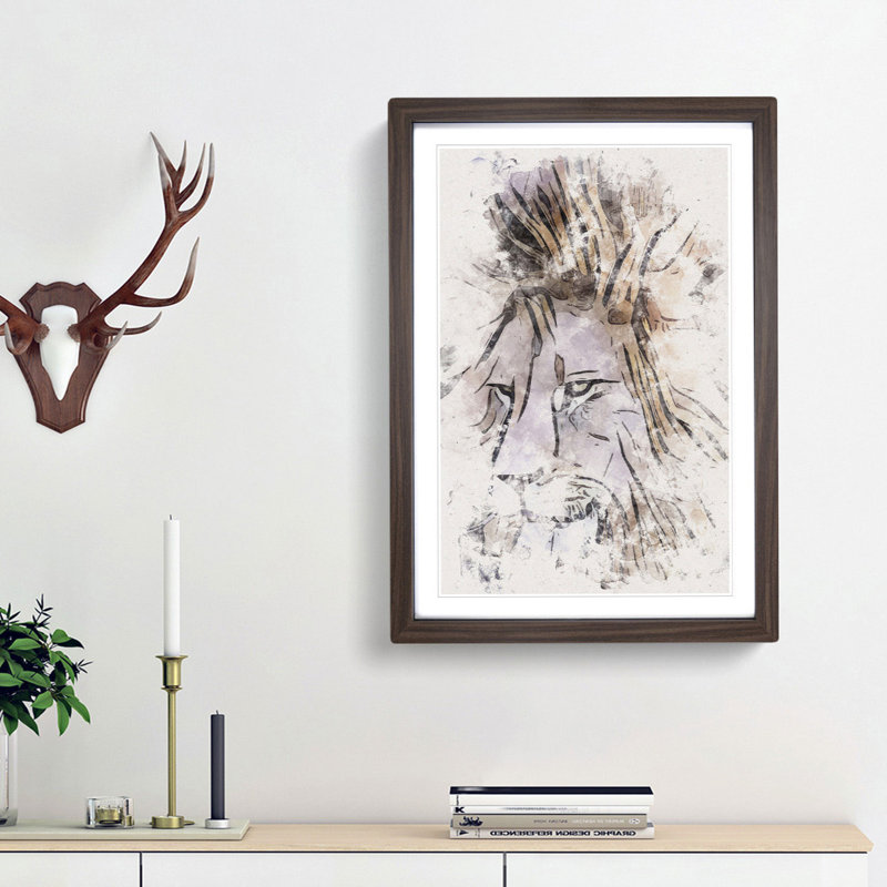 Abstract Lion Art Watercolour - Picture Frame Graphic Art, Walnut Framed, 33cm H x 24cm W x 2cm D