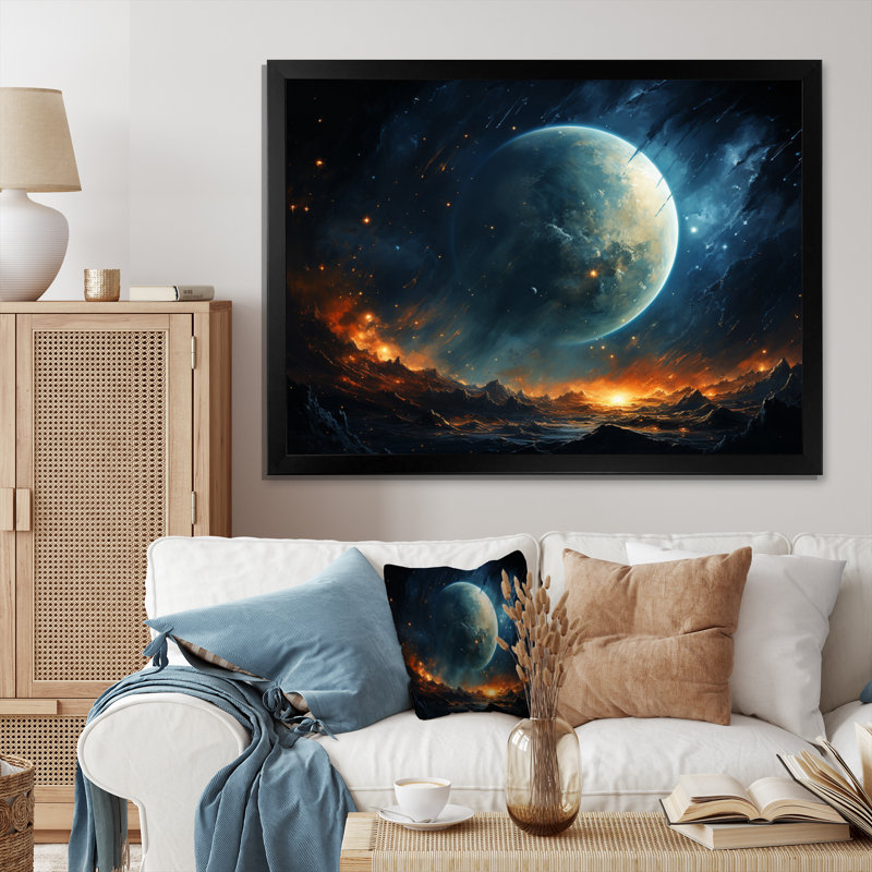 " Teal Orange Orbital Planetary ", Black Picture Framed, 16" H x 32" W x 1" D