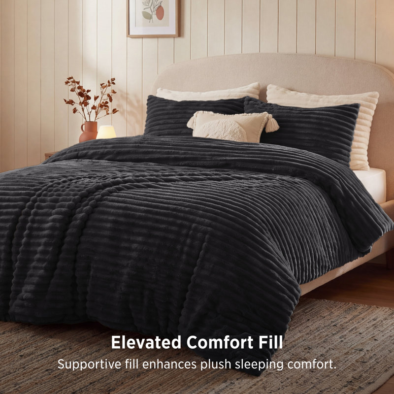 Bedsure King Size Comforter Sets - 3-Piece Double-Sided Fleece Fluffy Black Bedding, Cozy Striped Aesthetic for Modern & Guest Bedrooms, All-Season Luxury Home Decor