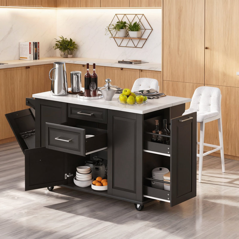 Rolling Kitchen Island on 5 Wheels with Drop Leaf, Black