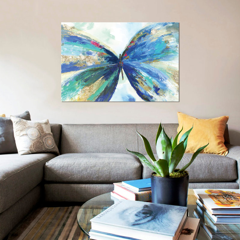 « blue papillon », reproduction sur toile, H 8 po x l 12 po x P 0,75 po, Pas de tapis, Toile tendue