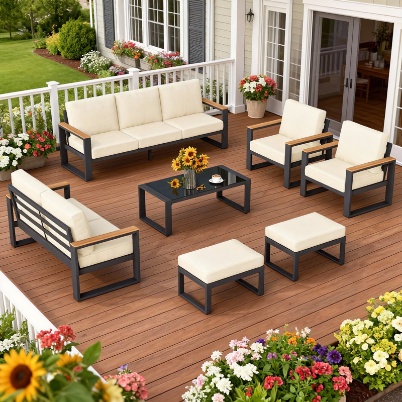 Ensemble de mobilier d'extérieur tout en aluminium pour tous les temps, ensemble de mobilier de patio pour 9 personnes avec accoudoirs en bois pour un toucher doux pour la peau, ensemble de patio d'extérieur 7 pièces avec coussin amovible