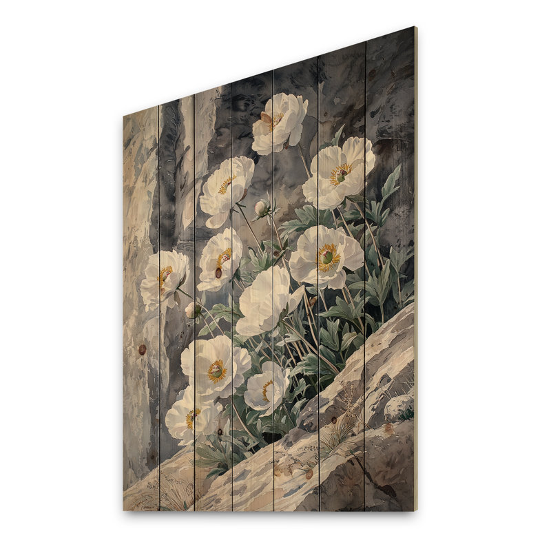 Pivoines monochromes au bord de la falaise II - Décoration murale en bois de pivoines - sur bois de pin naturel
