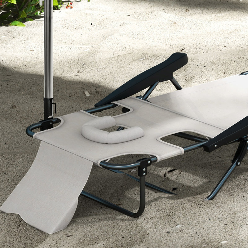 4 chaises longues, blanc crème, trous pour le visage et les accoudoirs, coussin, pliable pour chaise longue de plage près de la piscine, réglable et relaxant