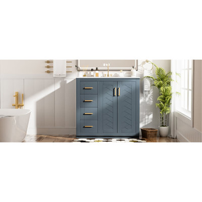 Meuble-lavabo de 36 pouces avec lavabo en céramique, structure en bois massif, planches, 3 tiroirs, portes, grand espace de rangement, style rétro, poignée en métal exquis, motif de rainure unique, glissière de tiroir lisse, facile à