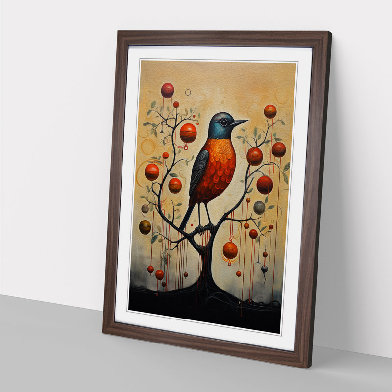 Robin Bird Contemporary - Single Picture Frame Print on Wood, 46cm H x 34cm W x 2cm D, Walnut