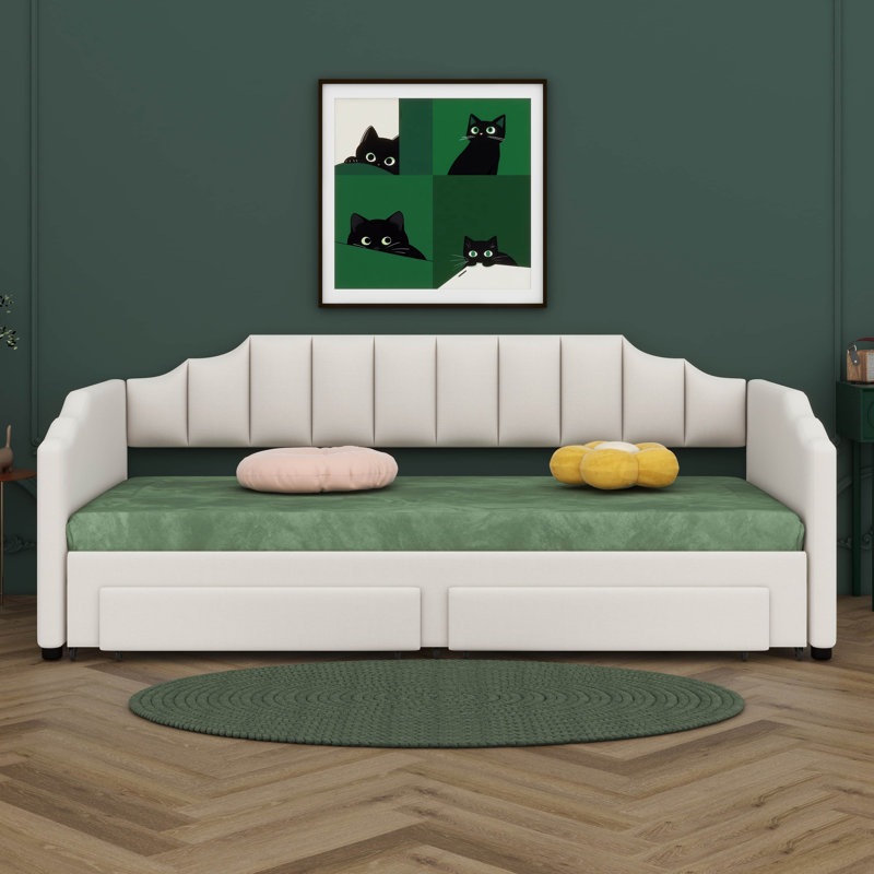 Twin XL To King Size Upholstered Daybed, Twin XL Size Extendable Upholstered Daybed With Two Storage Drawers And LED Light