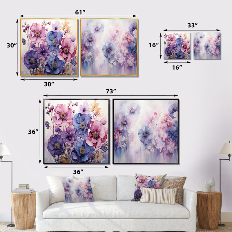 Mauve fleurs mystiques - ensemble de 2 collages carrés botaniques abstraits, Cadre flottant noir, H 16 po x l 33 po