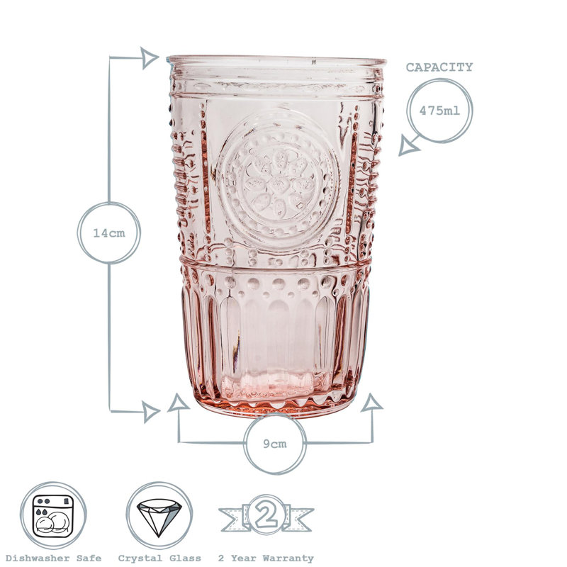 Bormioli Rocco Romantic Highball Glasses, 475ml, 12, Pink
