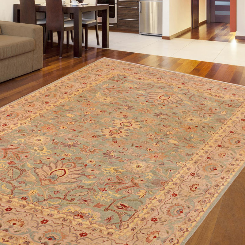 Tapis vert / brun clair en laine noué à la main 10 pi x 14 pi 2 po Dorn