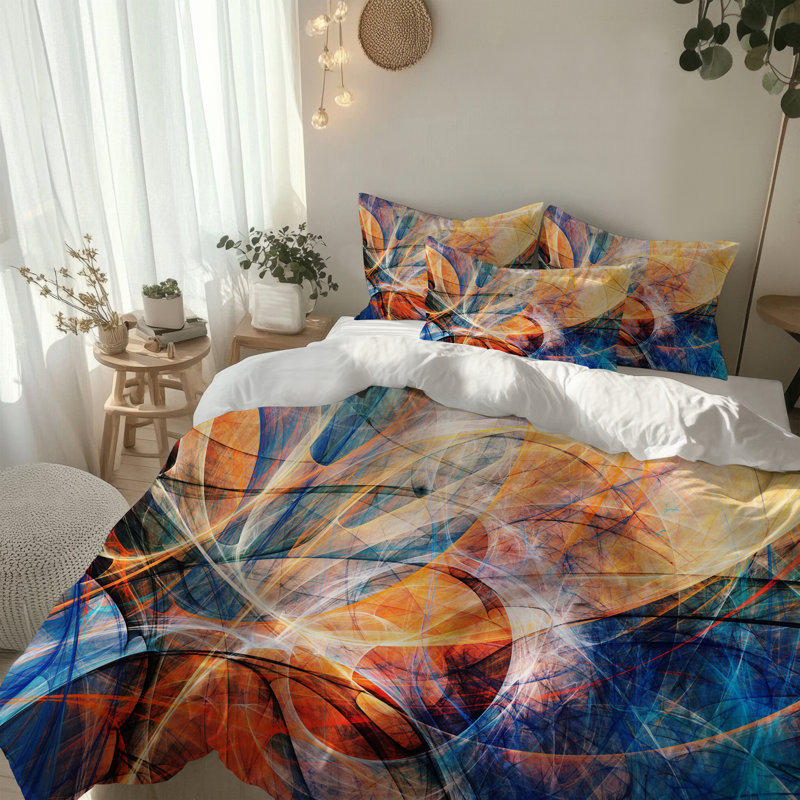 Microfiber Comforter Set, Blue/Red/Orange Abstract, King Comforter + 2 King Shams