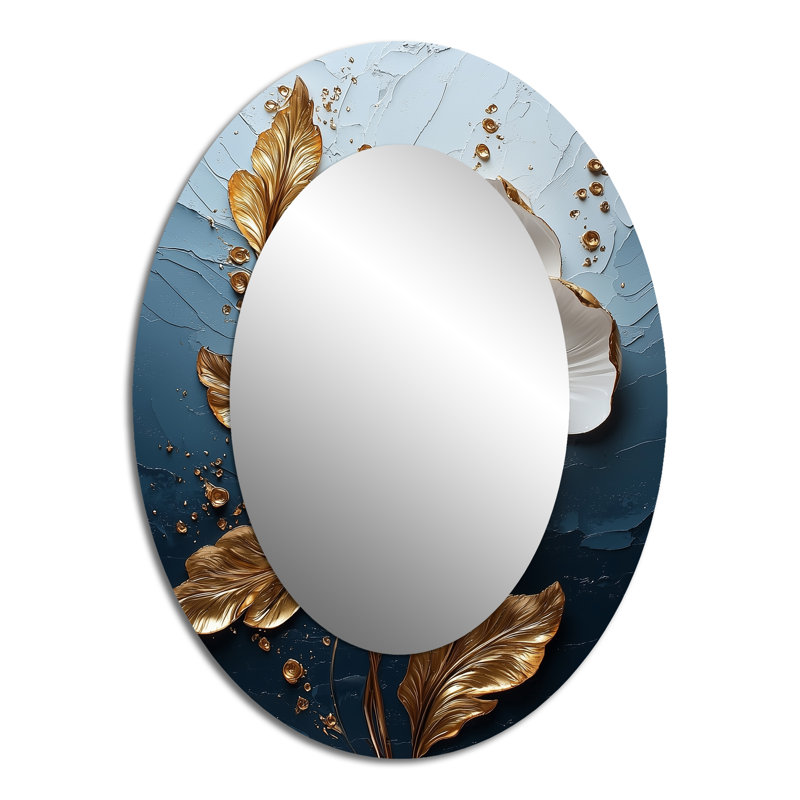 Pivoine blanche et dorée Bloom IV - miroir décoratif floral ovale sur métal, 40 po x 30 po