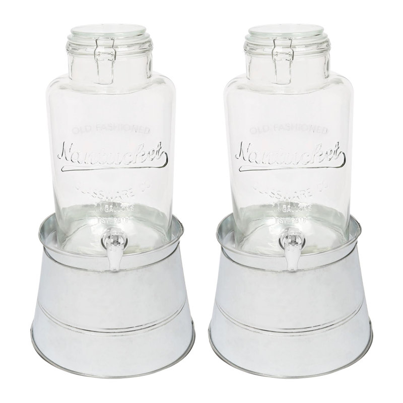 Rink Drink 2x Glass Drinks Dispensers with Tap & Bucket Stand, Silver, 6.5L