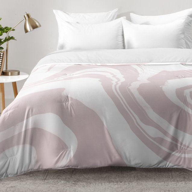 Ensemble d'édredon en marbre, Édredon pour très grand lit + 2 très grandes ta, Rose/blanc