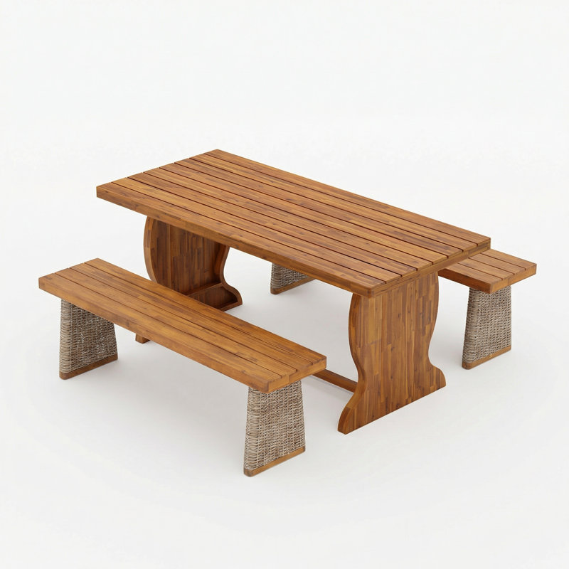 Henry Patio 3-Piece Acacia Wood Dining Set With Woven Wicker, Brown Wicker