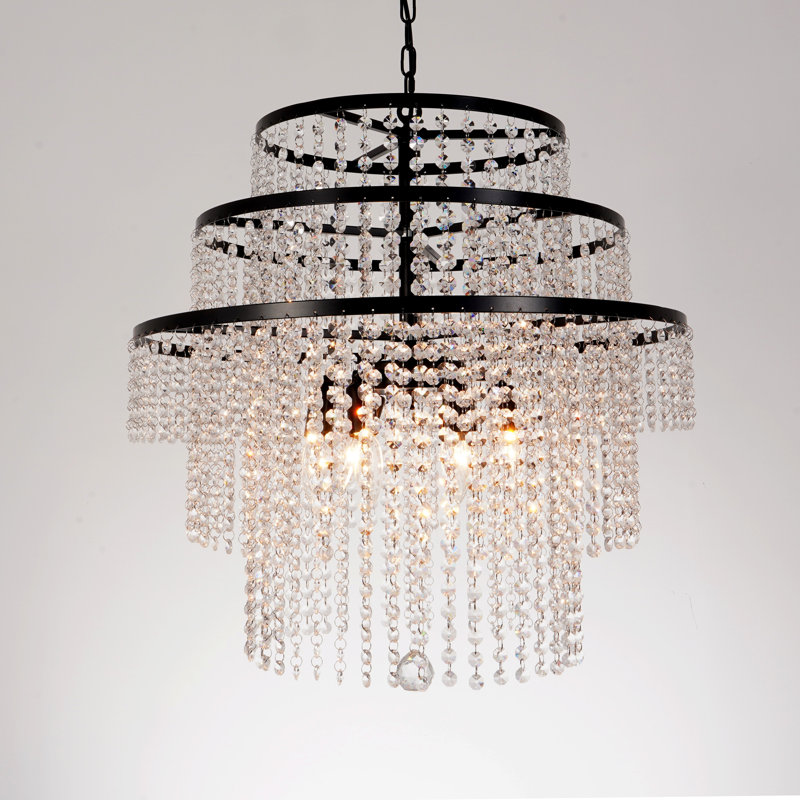 6 Light Dimmable Black Round Crystal Curtain Chandelier With 3 Layer Crystal 