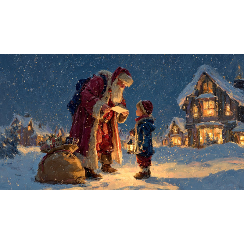 «Santa and the Winter Child», art mural sur toile tendue, 20 po x 36 po