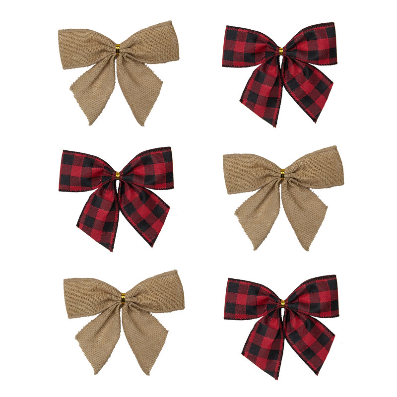 Paquet de 6 décorations pour boucles de Noël à 2 boucles en tissu écossais et toile de jute 5,5 po Buffalo