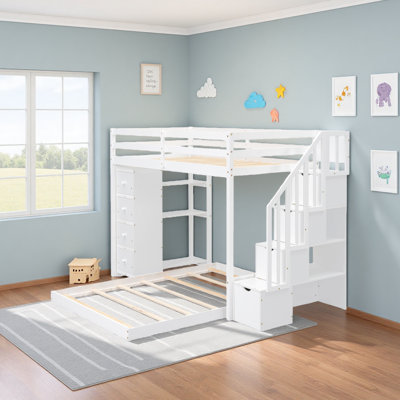Twin Over Full Bunk Bed With 3-Layer Shelves, Drawers And Storage Stairs