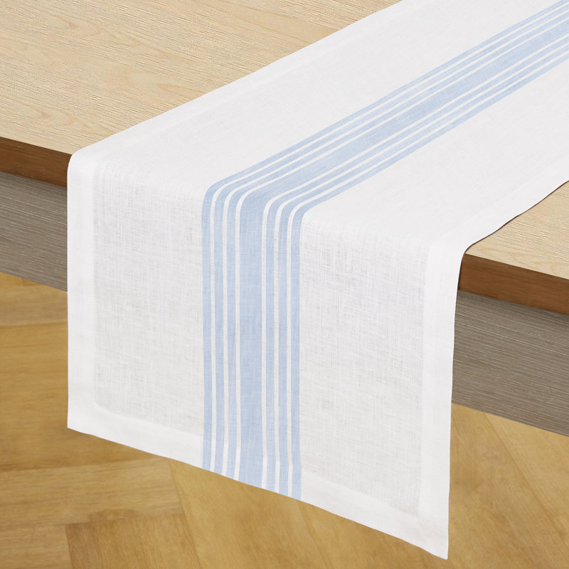 French Stripe - 100% Pure Linen Table Runner, 90" x 14", Dusty Blue/White