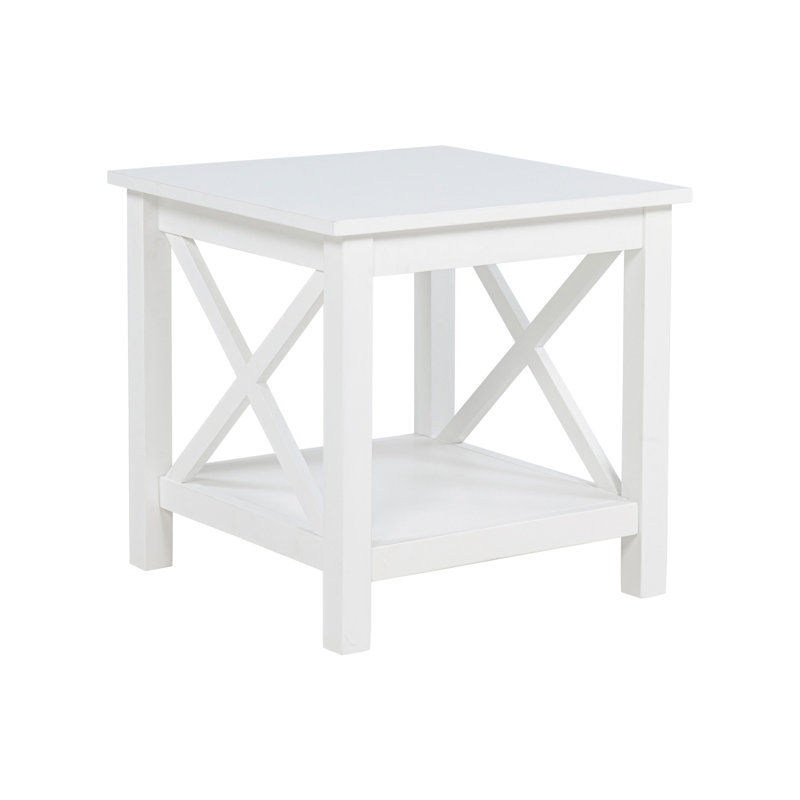 Table de bout carrée en bois de pin avec tablette, blanc