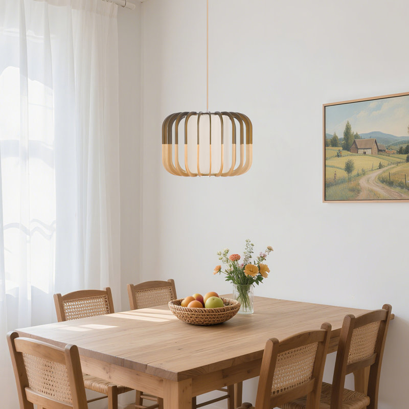 1 - Light Natural Drum Pendant, 25cm H x 30cm W x 30cm D