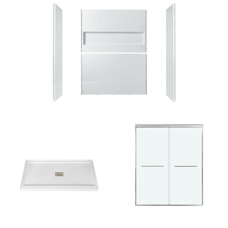 Woodbridge 60" X 32" Glue-up Shower Combo Kit - Glossy White Shower Walls, White Center Drain Shower Base & Double Sliding Door With 5/16" Clear Tempered Glass
