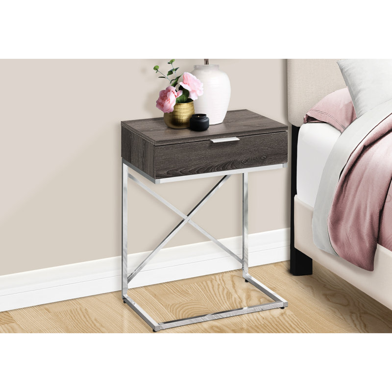 Table d'appoint élégante avec grand tiroir de rangement et structure métallique minimaliste, accent moderne, plateau taupe spacieux