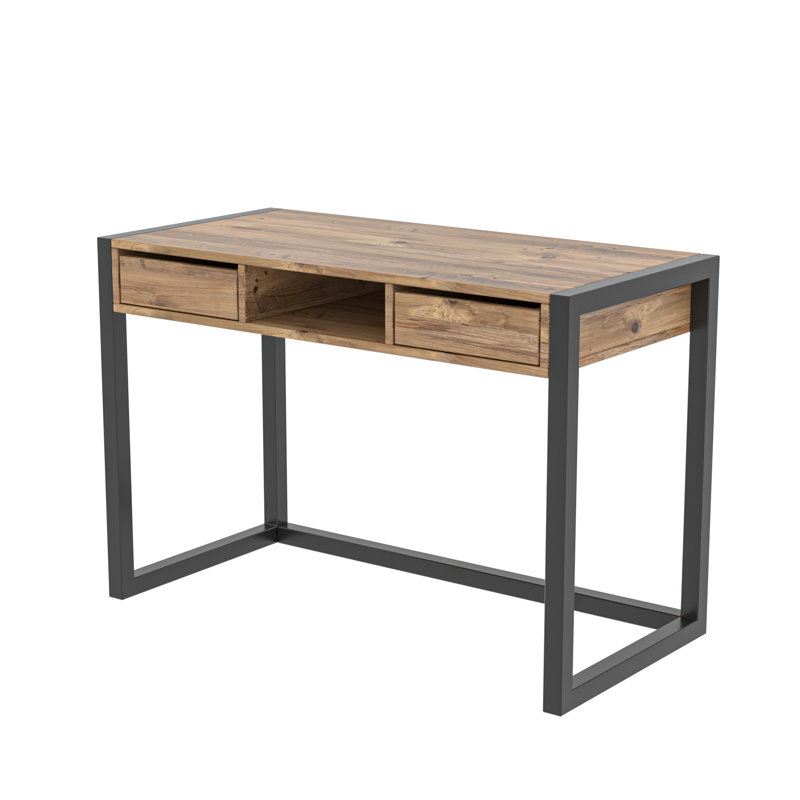 Modern Study Desk with 2 Drawers, Atlantic Pine & Black, 41.3 x 30.3 x 21.7 inches | 100% Melamine Coated Particle Board & Metal Frame, Wall-Mountable, Elegant Industrial Design for Home Office & Study Spaces