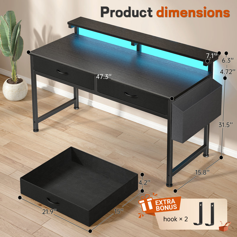 Small Computer Desk With 2 Drawers & LED Lights,Home Office Desks With Side Pocket And Monitor Stand, Black