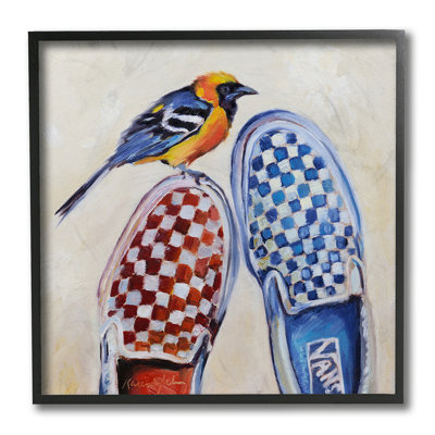 Oriole, oiseau sur des espadrilles à carreaux rétro, reproduction d'art