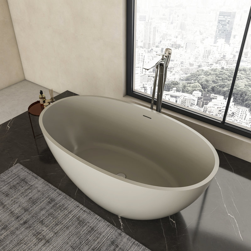 Solid Surface Freestanding Soaking Tub, 55 Inches, Beige, Simple Design For Contemporary Bathroom Bathtub, Matte Finish, Center Drain, Modern Style Luxury