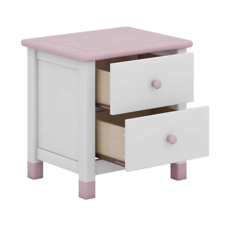 Table de chevet 2 tiroirs, Blanc / Rose