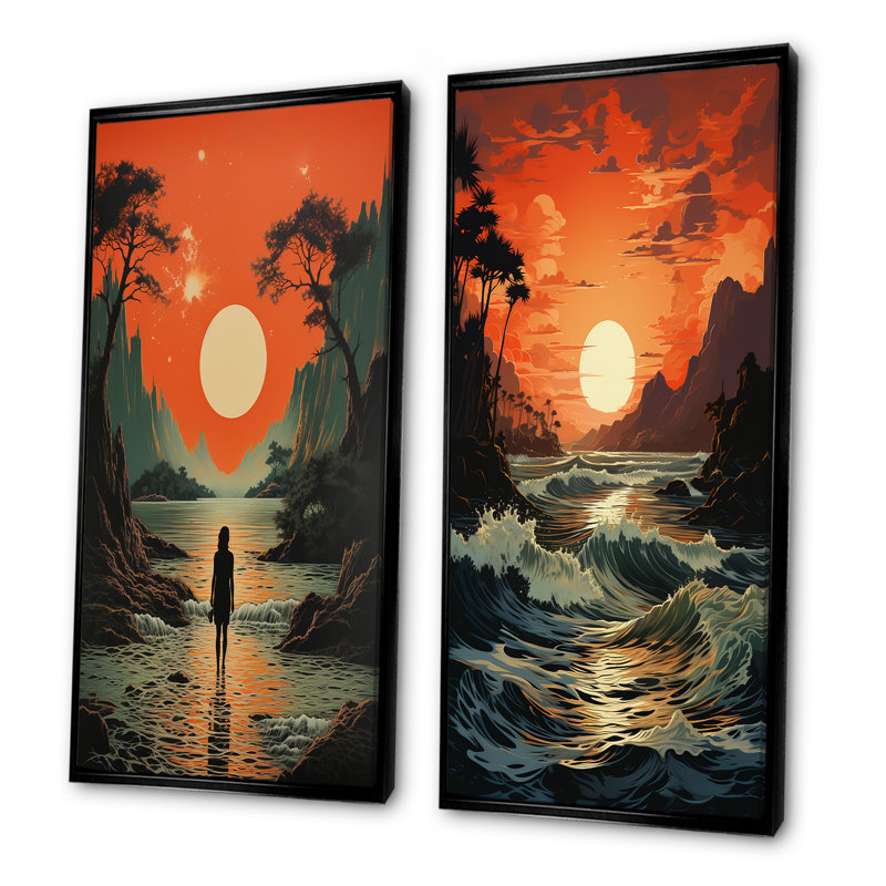 Oragne et plage rétro verte I - ensemble de 2 impressions sur toile de paysages abstraits, Cadre noir, H 40 po x l 41 po