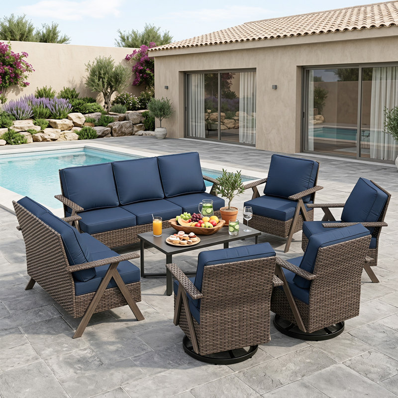 Ensemble de conversation de patio 7 pièces avec 2 chaises longues pivotantes et une table basse, Blue